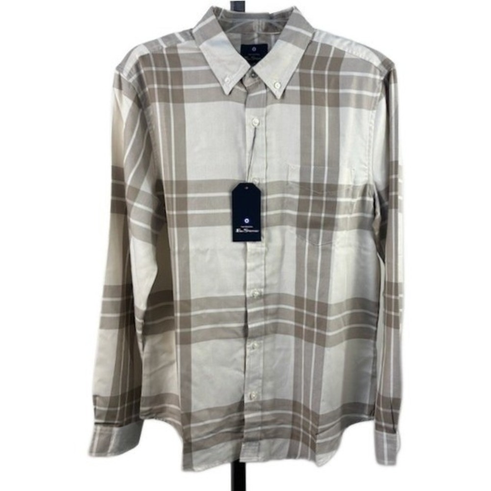 New Ben Sherman Plaid Shirt Men's Size Medium Oatmeal Long Sleeve Button Down